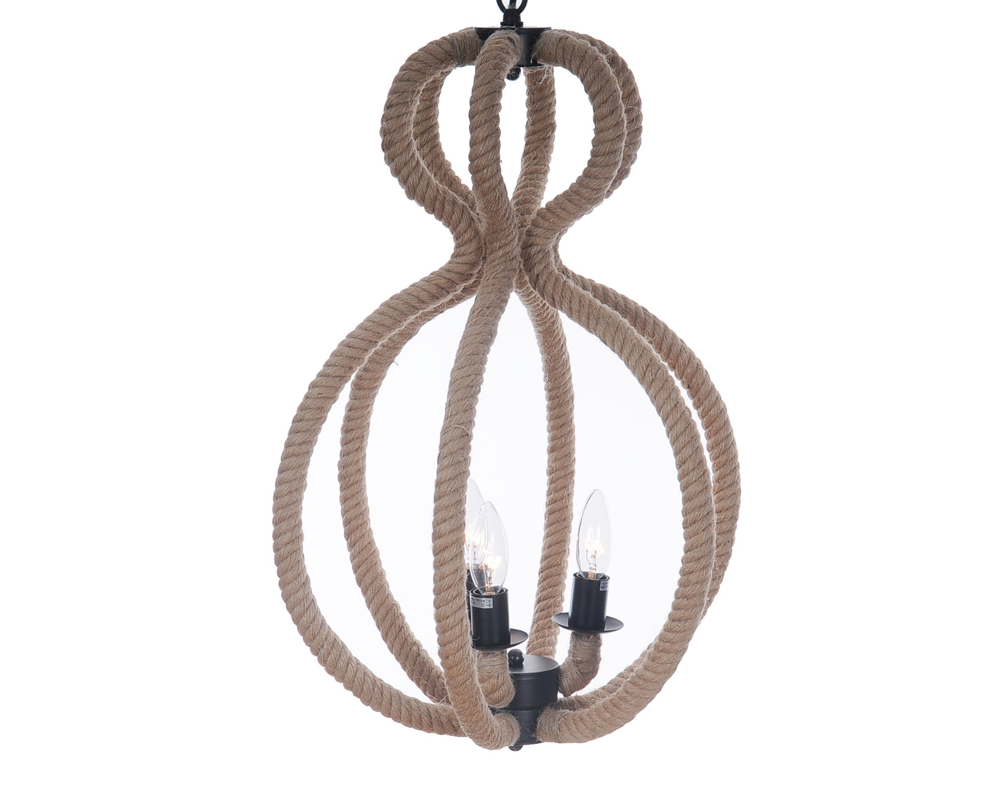 Natural and Black Iron and Rope Three Light Ceiling Light