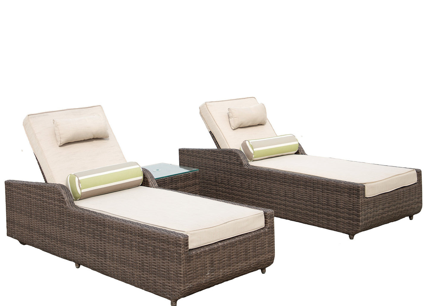 78" Set of Two Brown Indoor Outdoor Chaise Lounge with Beige Cushion