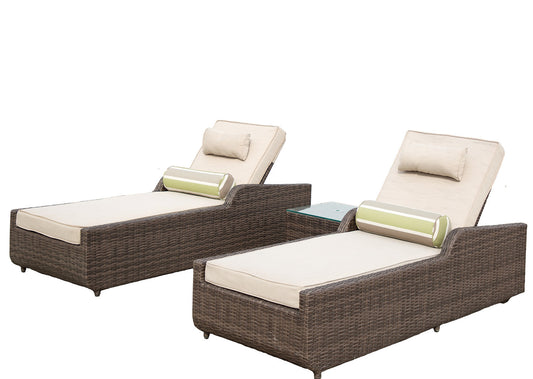 78" Set of Two Brown Indoor Outdoor Chaise Lounge with Beige Cushion