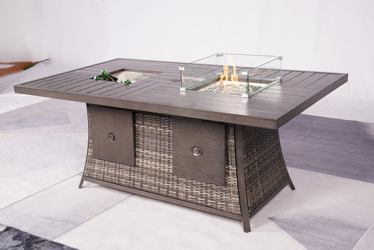 Gray Wicker Outdoor Gas Fire Pit Table with Ice Bucket