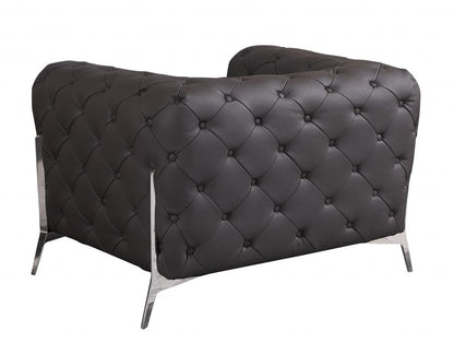 Glam Espresso Brown and Chrome Tufted Leather Armchair