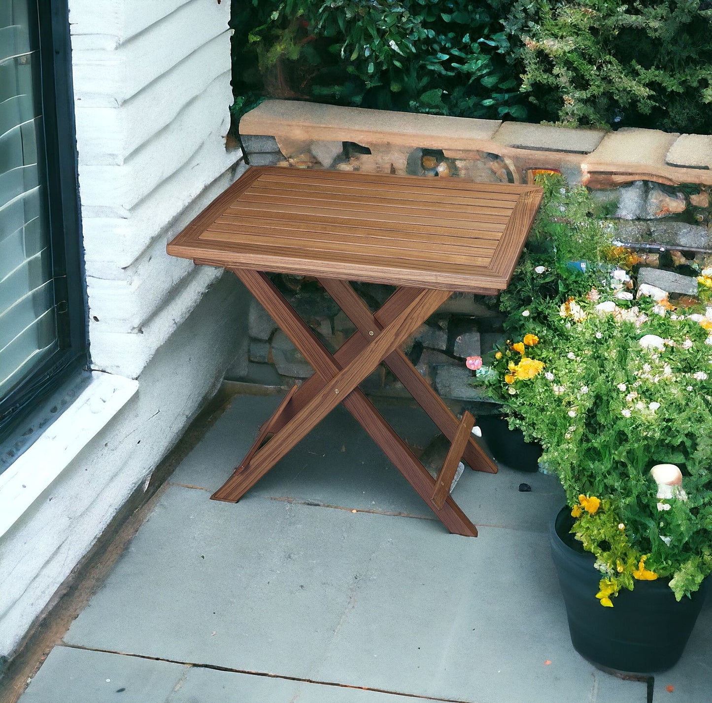 28" Brown Solid Wood Folding Outdoor Side Table