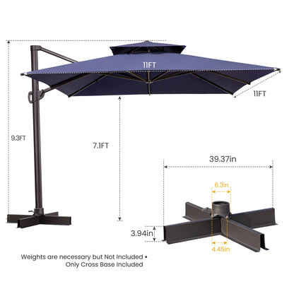 11' Navy Blue Polyester Square Tilt Cantilever Patio Umbrella With Stand