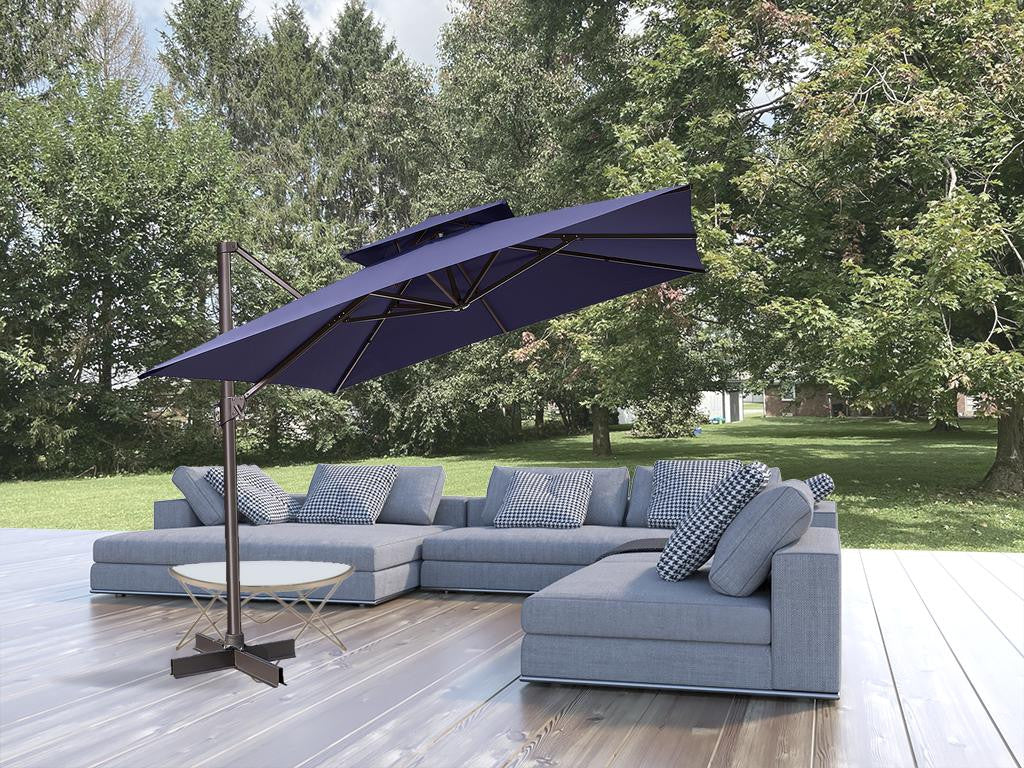 11' Navy Blue Polyester Square Tilt Cantilever Patio Umbrella With Stand