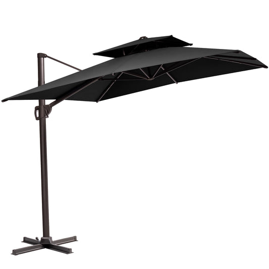 11' Black Polyester Round Tilt Cantilever Patio Umbrella With Stand