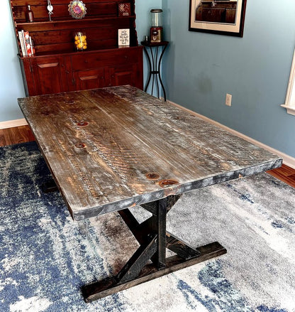 96" Brown Reclaimed Wood Trestle Base Dining Table