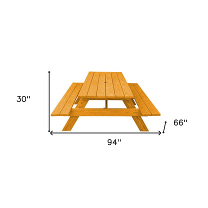 94" Natural Solid Wood Outdoor Picnic Table with Umbrella Hole